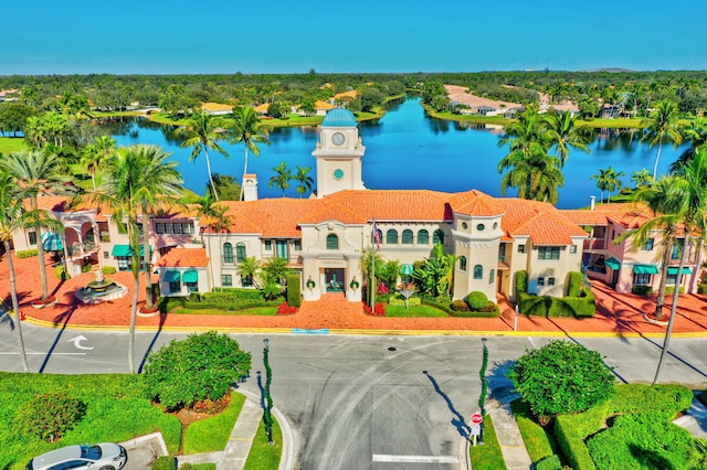 drone / aerial view with a water view