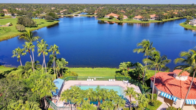 aerial view of a large body of water and a pool area