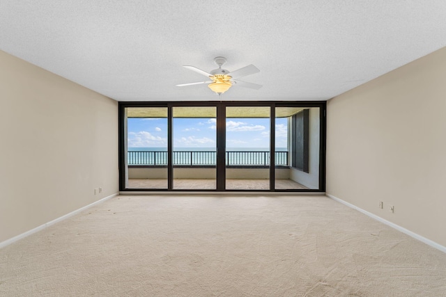 spare room with a textured ceiling, light colored carpet, and floor to ceiling windows