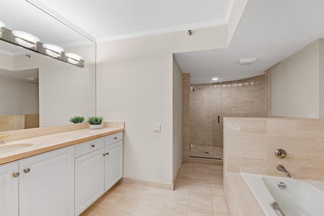 bathroom featuring vanity, crown molding, tile patterned flooring, and plus walk in shower