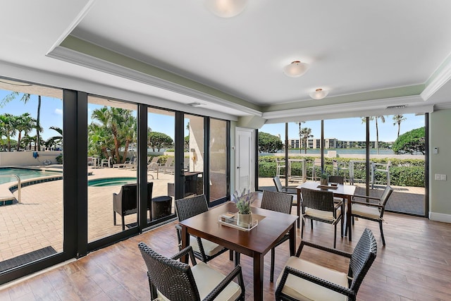 sunroom featuring a raised ceiling