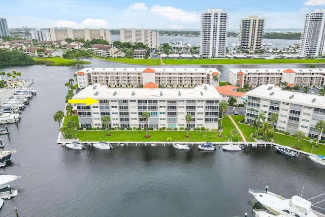 aerial view featuring a water view