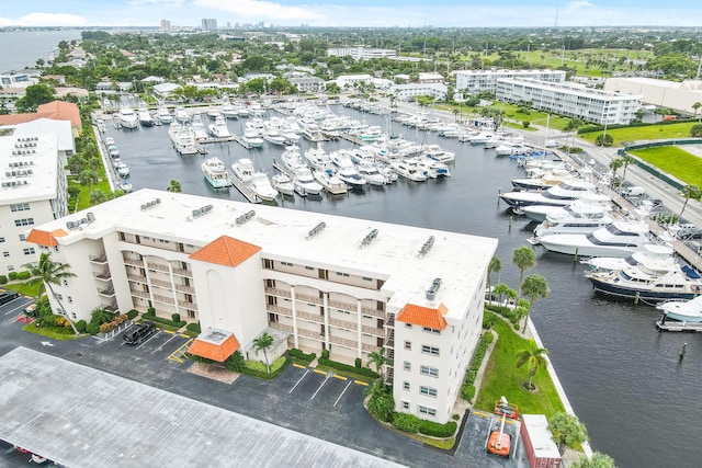 bird's eye view with a water view