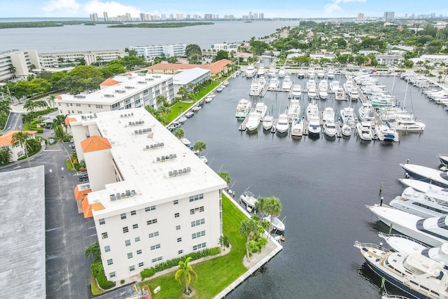 bird's eye view with a water view