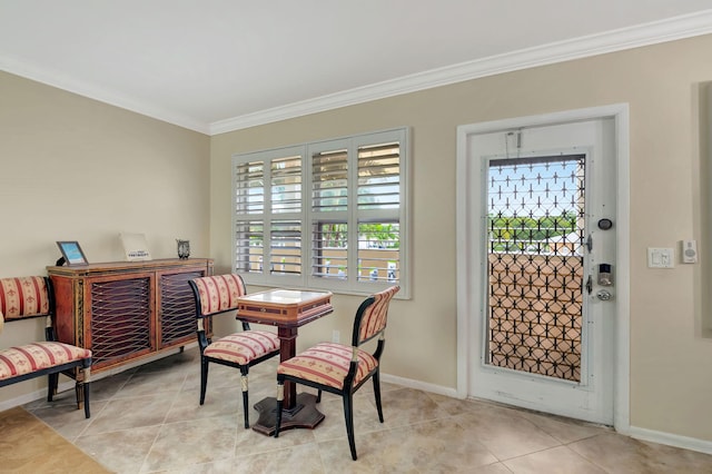 dining room with a wealth of natural light, ornamental molding, and light tile patterned floors