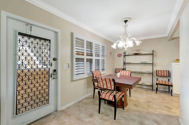 dining room featuring ornamental molding, light tile patterned flooring, and a notable chandelier