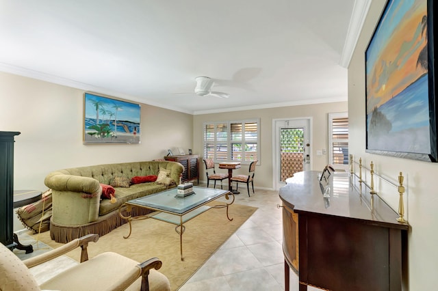 living room featuring crown molding, light tile patterned flooring, and ceiling fan