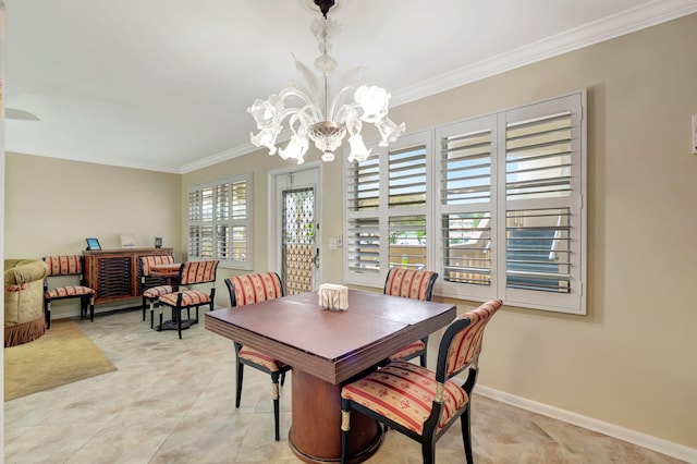 dining area featuring crown molding, light tile patterned flooring, and a notable chandelier