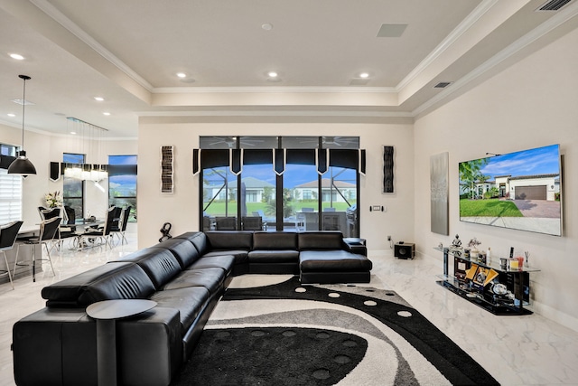 living room featuring ornamental molding and a raised ceiling