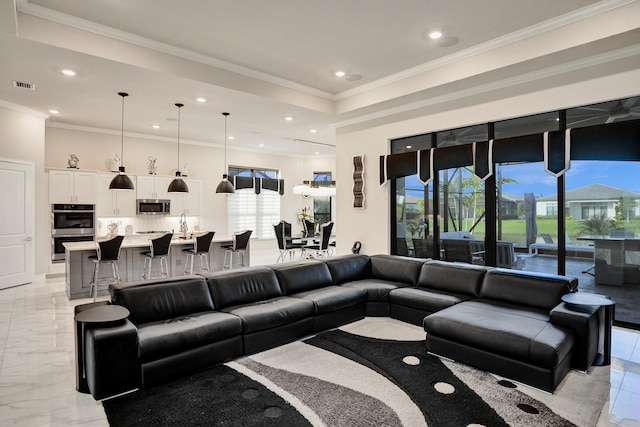 living room featuring ornamental molding