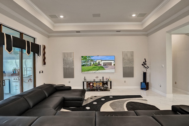 living room featuring crown molding