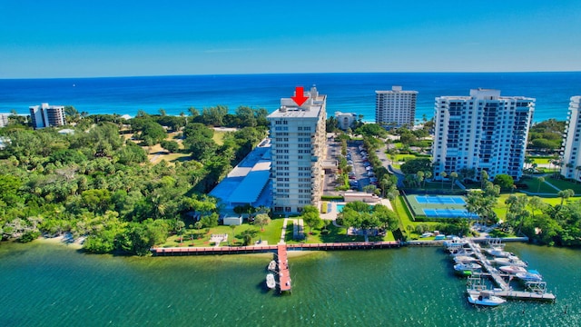 aerial view featuring a water view