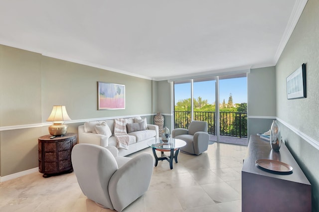 living room with floor to ceiling windows and crown molding