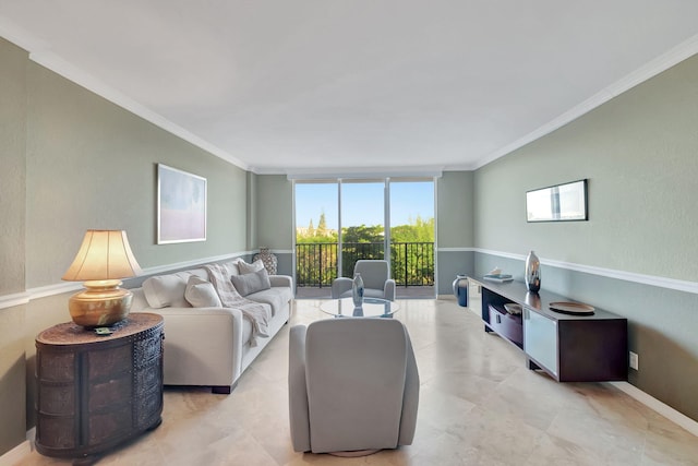 living room featuring floor to ceiling windows and crown molding