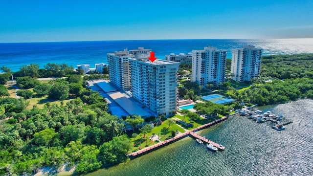 drone / aerial view with a water view