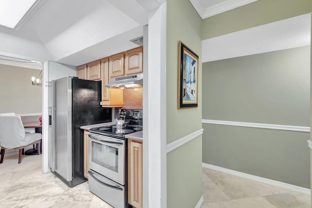 kitchen with vaulted ceiling, backsplash, a chandelier, crown molding, and appliances with stainless steel finishes