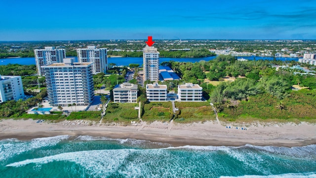 aerial view featuring a beach view and a water view