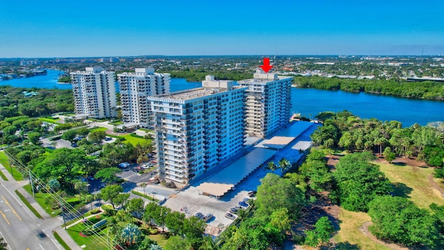 aerial view featuring a water view