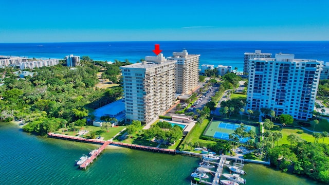 aerial view featuring a water view