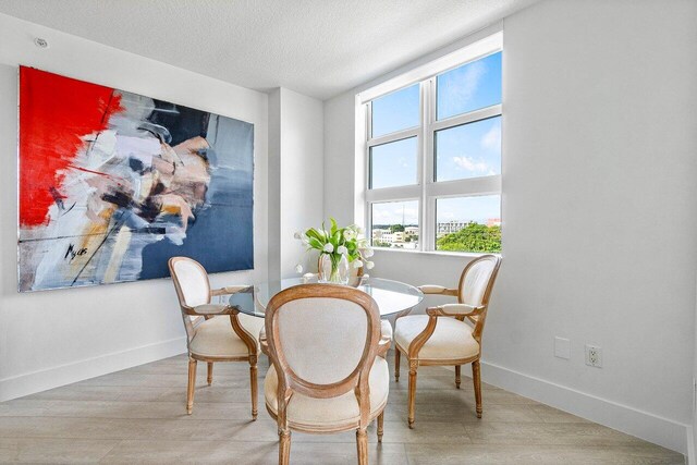 dining room with wood-type flooring and a textured ceiling