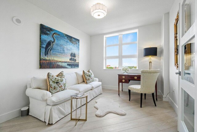 living area featuring a textured ceiling and light wood-type flooring