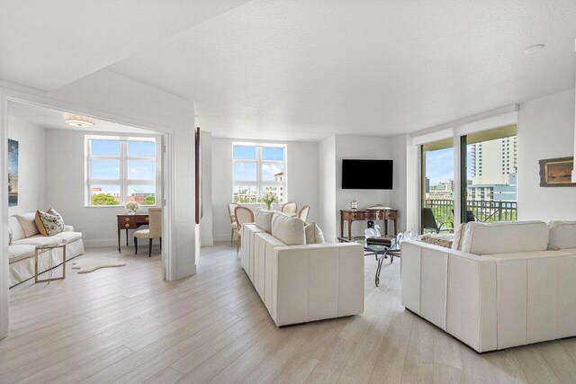 living room with a textured ceiling, light wood-type flooring, and plenty of natural light