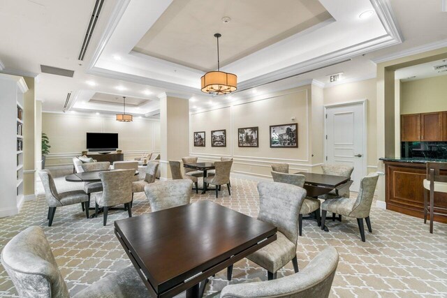 interior space with crown molding and a tray ceiling