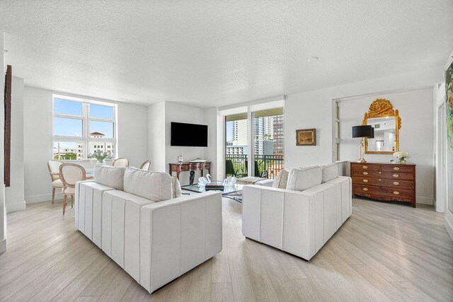 living room featuring light hardwood / wood-style floors and a textured ceiling