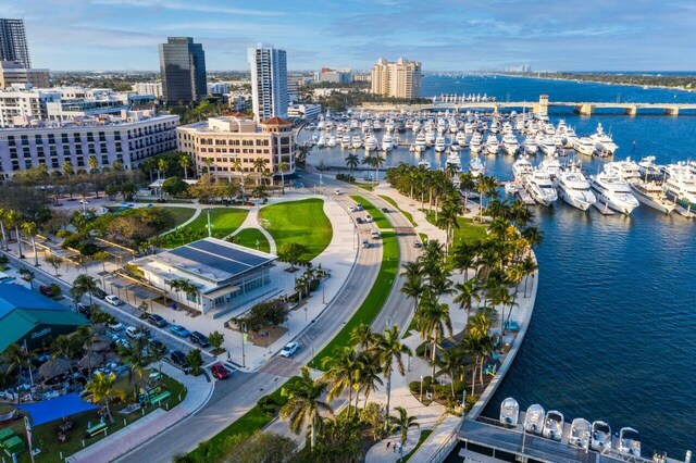 drone / aerial view with a water view