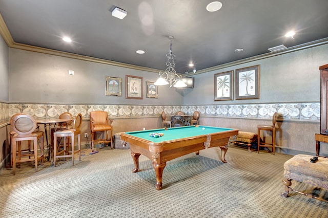 recreation room with ornamental molding, pool table, and light colored carpet