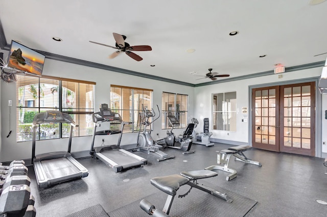 gym featuring french doors, ceiling fan, and ornamental molding