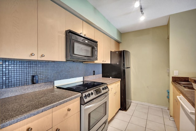 kitchen featuring light brown cabinets, track lighting, black appliances, light tile patterned floors, and tasteful backsplash