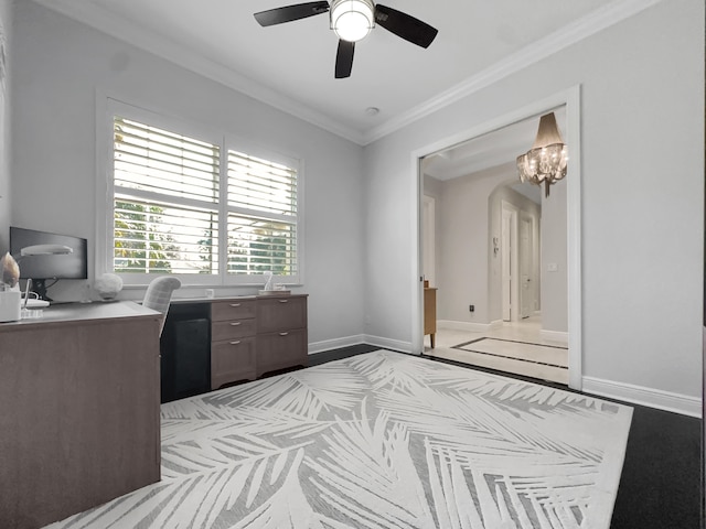 office space with crown molding and ceiling fan