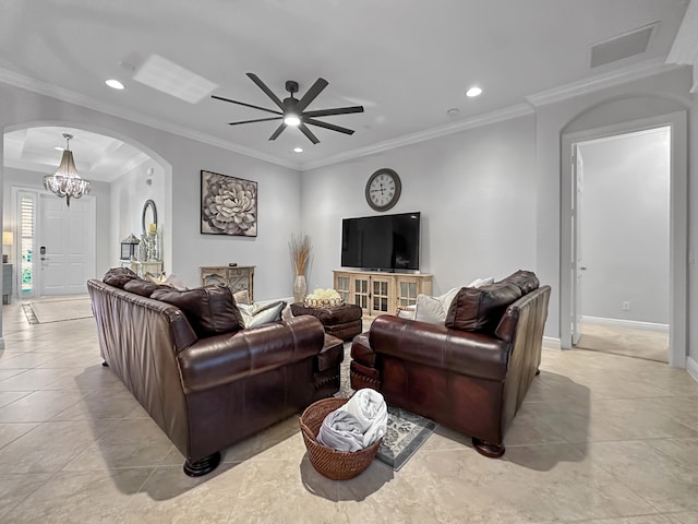 living room with crown molding, light tile patterned floors, and ceiling fan with notable chandelier