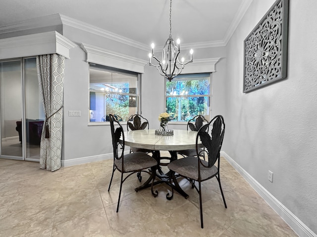 dining space with a notable chandelier and ornamental molding