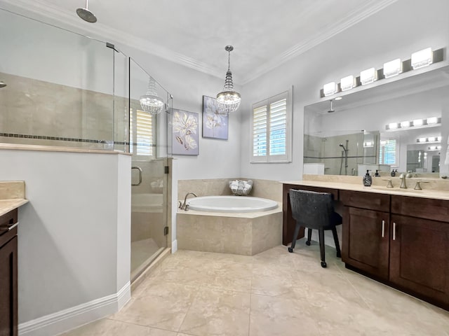 bathroom with a notable chandelier, vanity, crown molding, plus walk in shower, and tile patterned floors