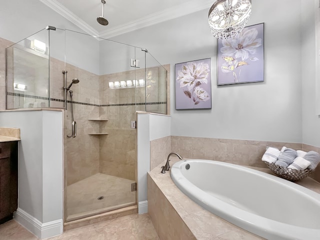 bathroom with ornamental molding and plus walk in shower