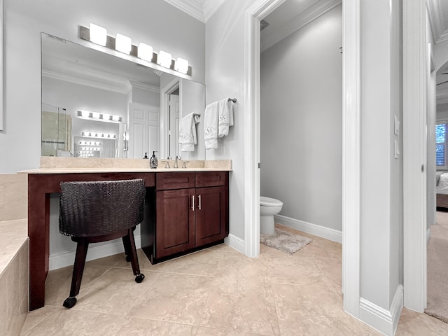 bathroom featuring vanity, ornamental molding, toilet, and walk in shower