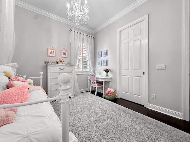 bedroom with ornamental molding, dark hardwood / wood-style flooring, and an inviting chandelier