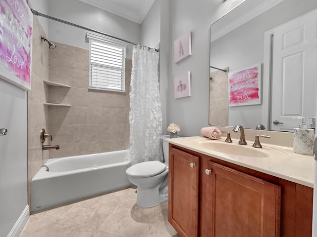 full bathroom with vanity, toilet, crown molding, and shower / tub combo with curtain