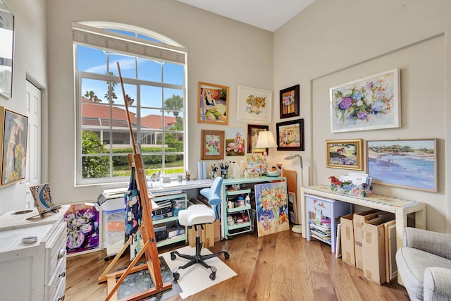 office space with light hardwood / wood-style flooring