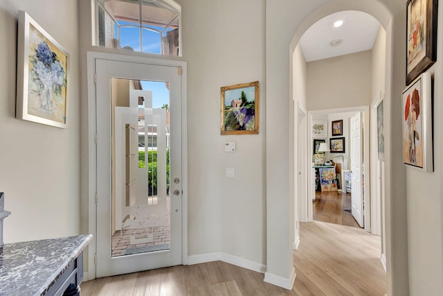 foyer entrance featuring light hardwood / wood-style flooring and a towering ceiling