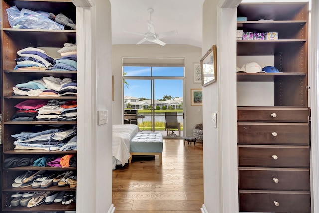 walk in closet with wood-type flooring and lofted ceiling