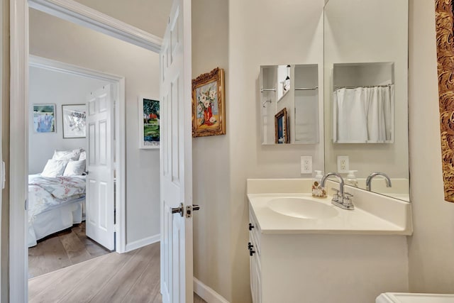 bathroom featuring vanity and wood-type flooring