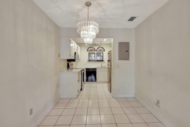 kitchen with white cabinets, electric panel, hanging light fixtures, appliances with stainless steel finishes, and sink