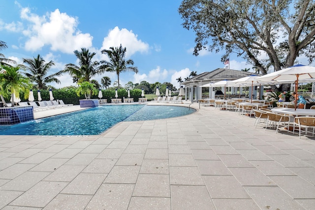 view of swimming pool with a patio and pool water feature