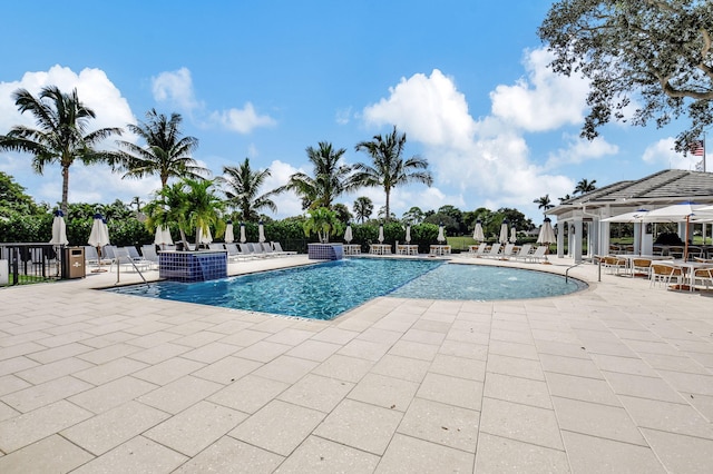 view of swimming pool featuring a patio and pool water feature