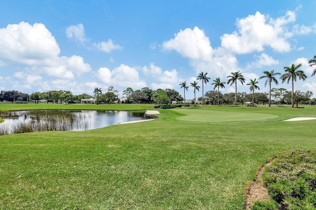 view of community featuring a water view and a lawn