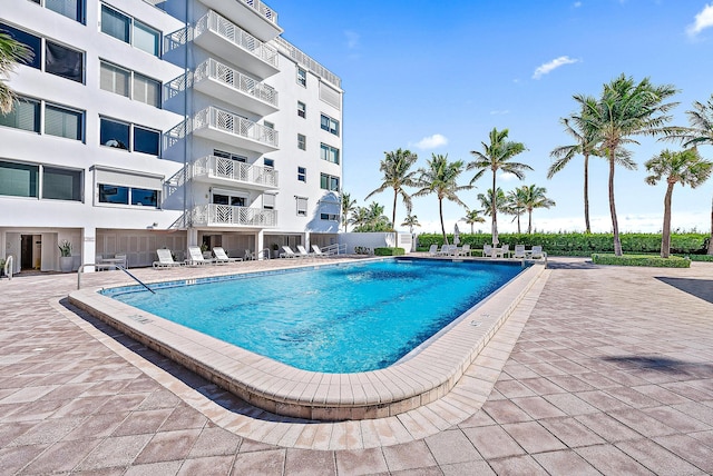 view of swimming pool with a patio area