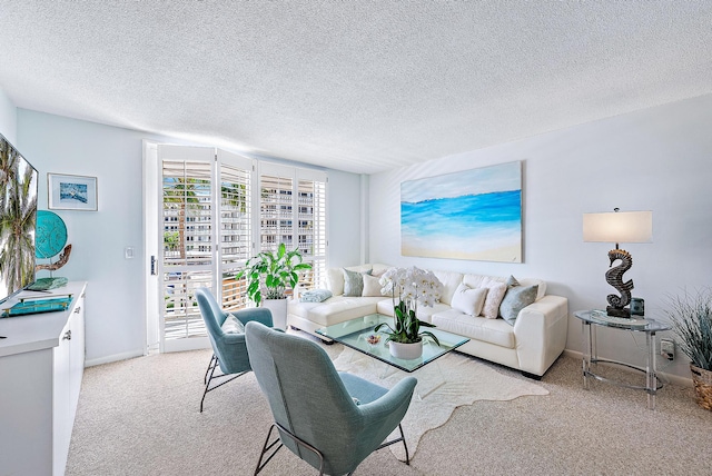 carpeted living room with a textured ceiling